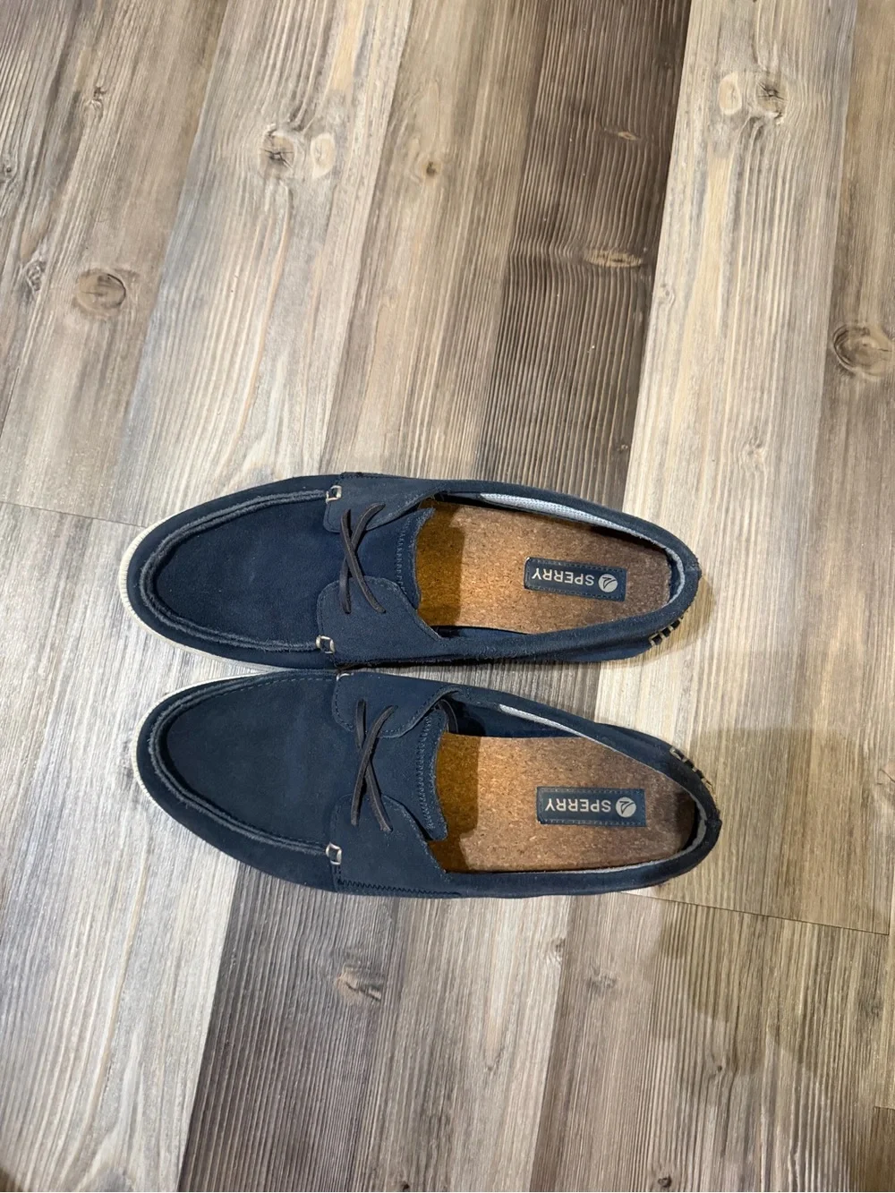 Sperry Navy Suede Two-Eye Boat Shoes with White Sole